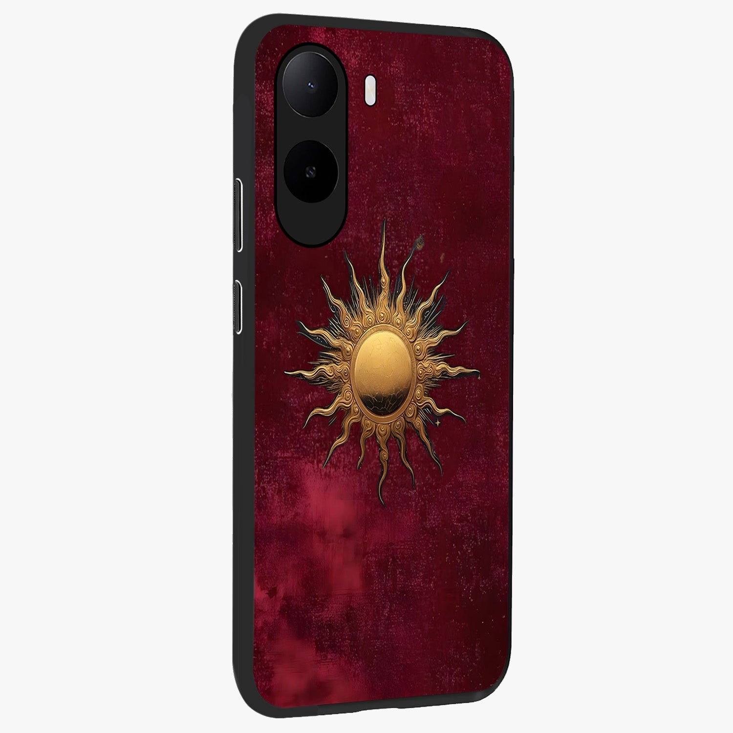 Golden Sun Minimalism Glass Case upright view showcasing simple golden sun artwork with elegant minimalist style.