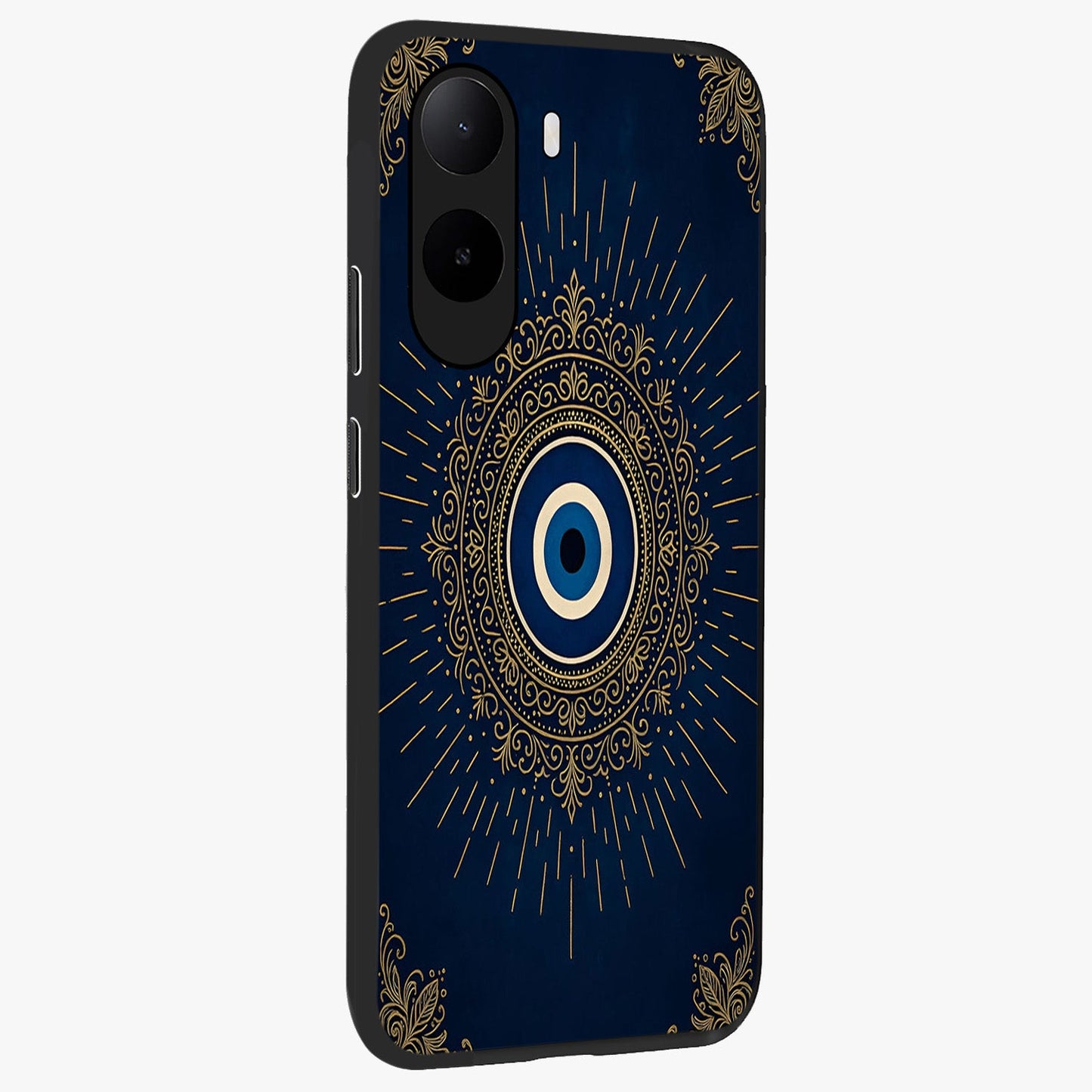 Golden Celestial Charm Glass Case upright view showcasing radiant celestial artwork with elegant golden theme.