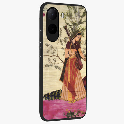 Lady With Veena Art Glass Case upright view showcasing classical veena artwork with traditional artistic theme.