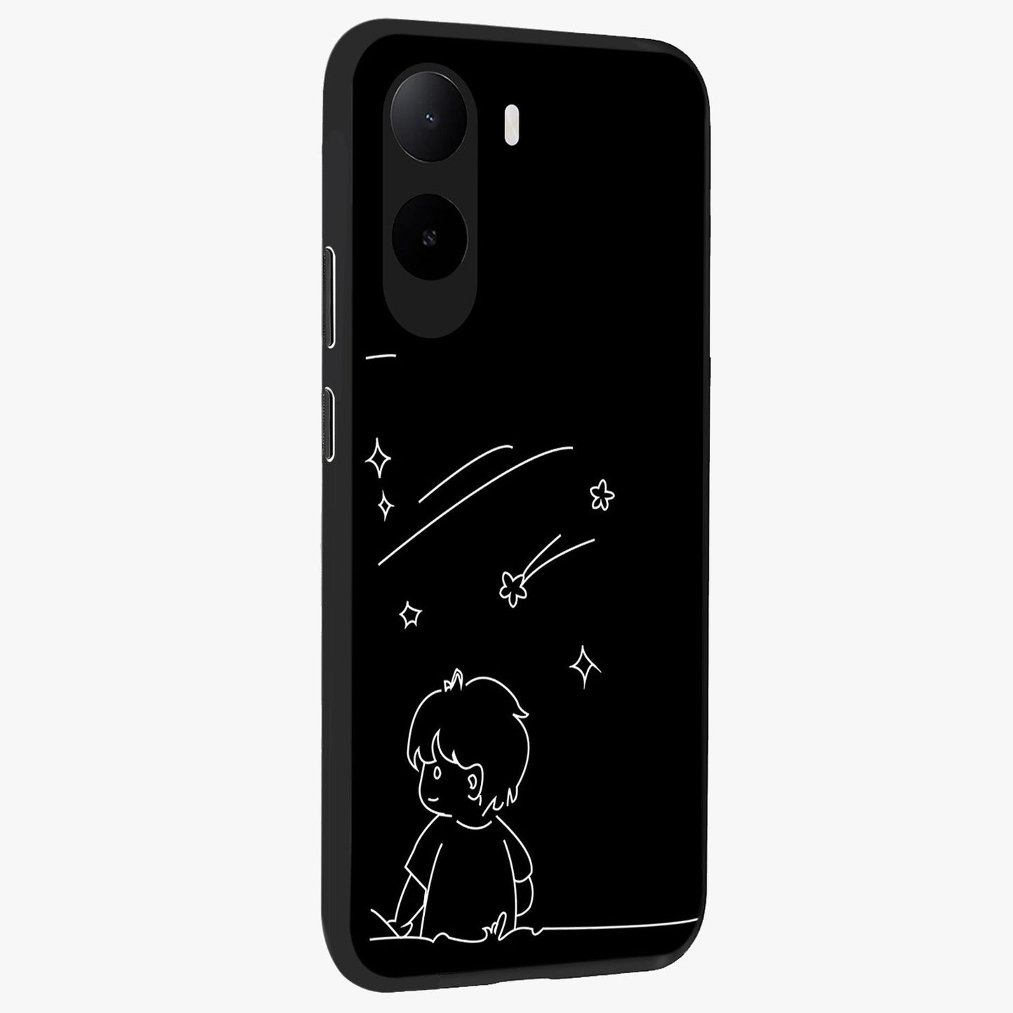 Line Art Boy With Shooting Stars Glass Case upright view showcasing artistic shooting star illustration with minimal style.