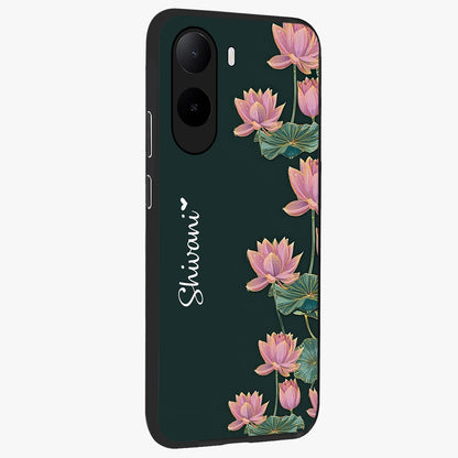 Lotus Bloom Serenity Custom Name Glass Case upright view showcasing serene lotus bloom artwork with personalized floral aesthetic.