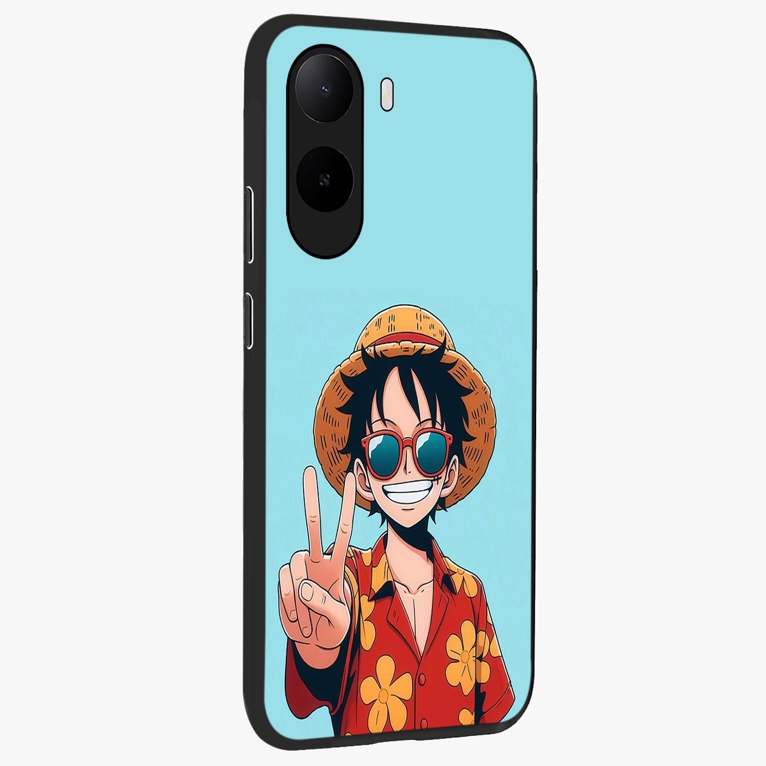 Luffy Summer Anime Vibe Glass Case upright view showcasing dynamic anime artwork with bright adventurous theme.