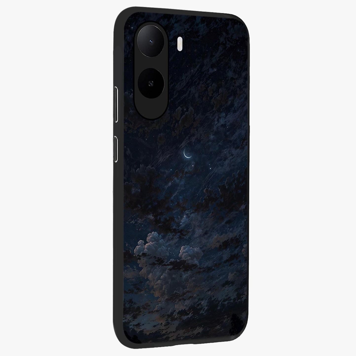 Lunar Veil Silence Glass Case upright view showcasing calm moon themed artwork with serene night atmosphere.