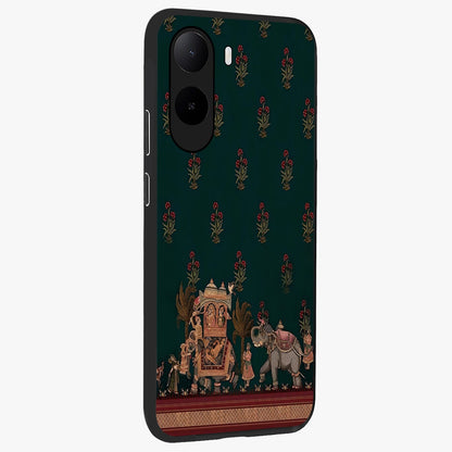 Macmerise Glass Case upright view showcasing bold artistic artwork with contemporary design theme.