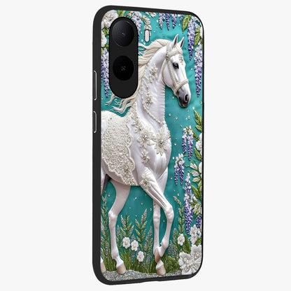 Majestic Floral Stallion Glass Case upright view showcasing dramatic horse artwork with decorative floral theme.