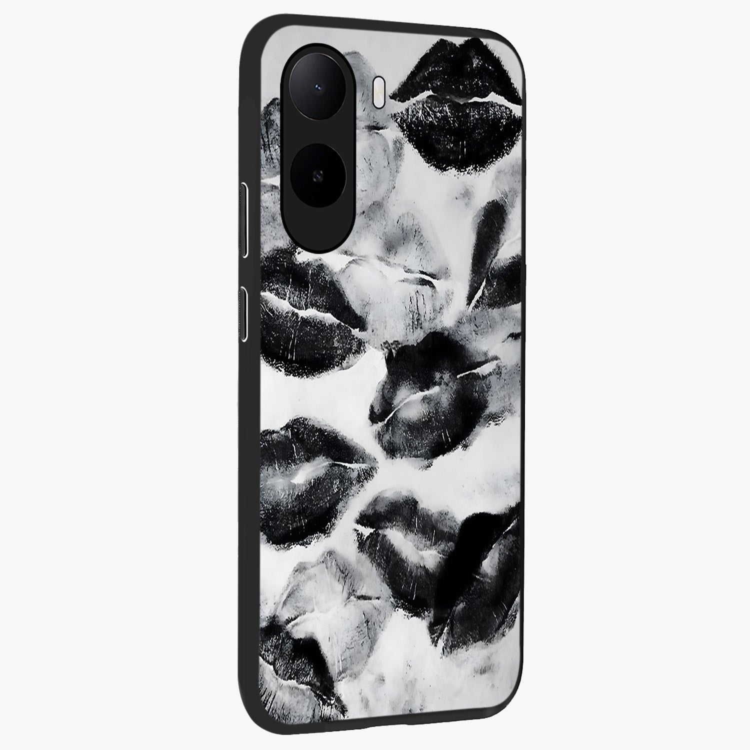 Midnight Kiss Marks Glass Case upright view showcasing stylish kiss mark artwork with trendy romantic theme.