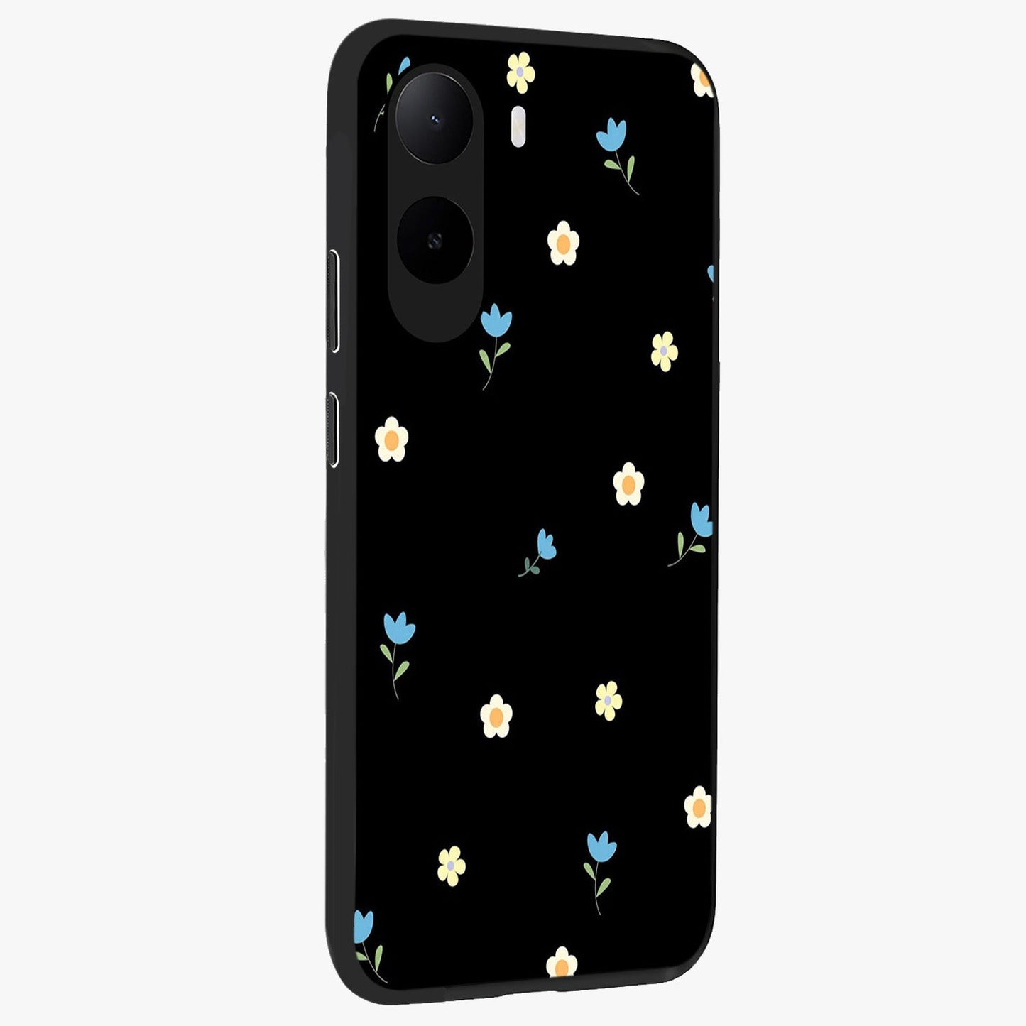 Minimal Petal Whispers Glass Case upright view showcasing elegant floral artwork with modern minimalist style.