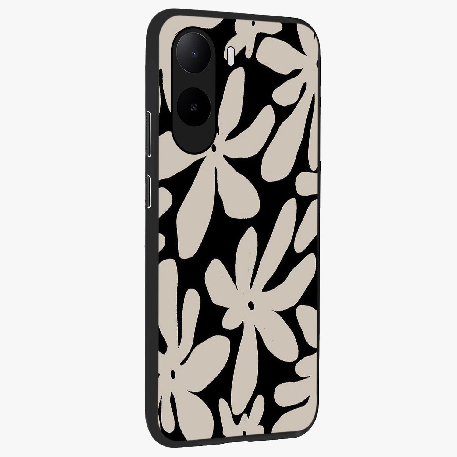 Monochrome Petal Dance Glass Case upright view showcasing artistic floral pattern with stylish monochrome theme.