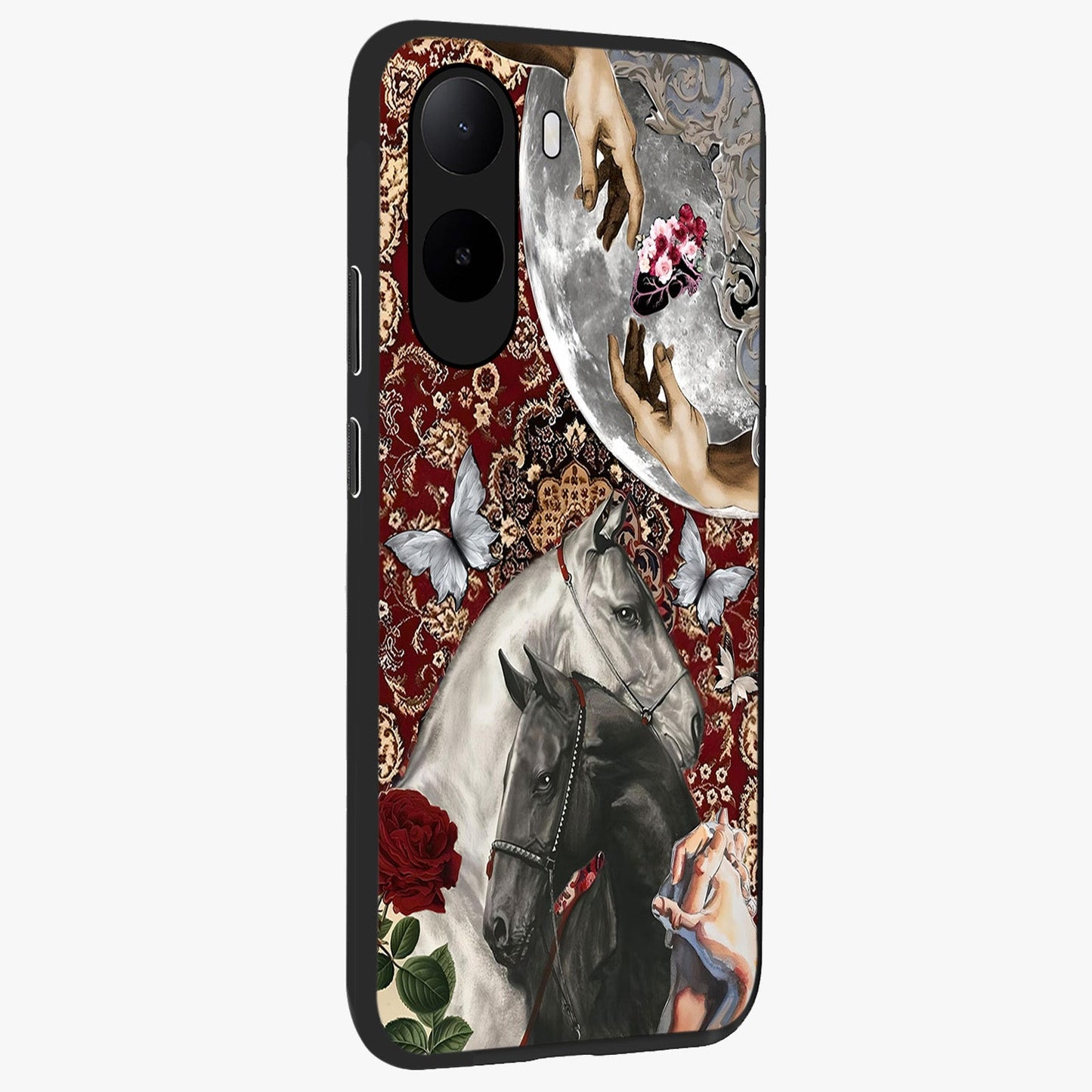 Moonlit Royal Stallion Glass Case upright view showcasing dramatic horse artwork with glowing moon themed design.