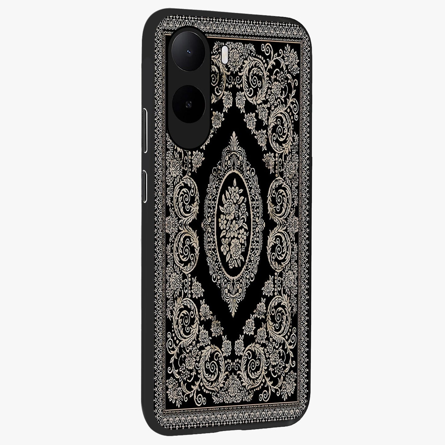 Noir Bloom Elegance Glass Case upright view showcasing graceful floral artwork with luxurious dark theme.