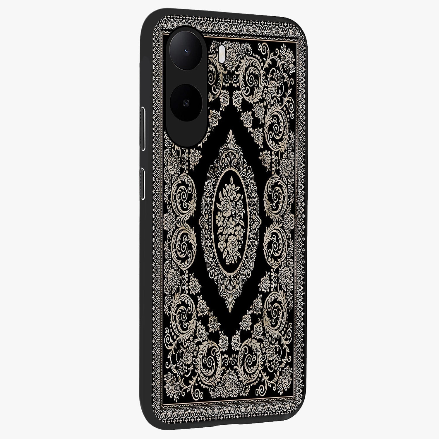 Noir Bloom Elegance Glass Case upright view showcasing graceful floral artwork with luxurious dark theme.