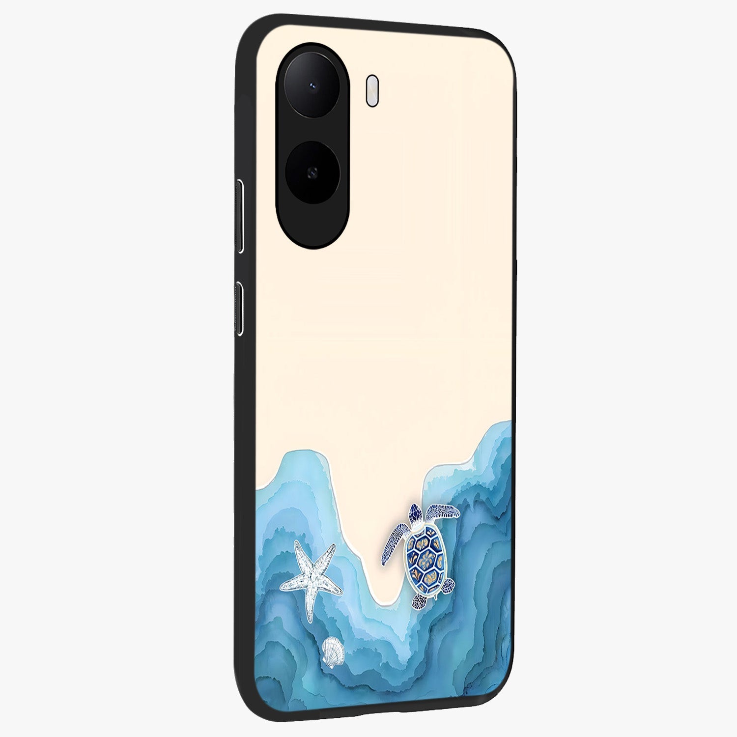 Ocean Drift Turtle Glass Case upright view showcasing calm underwater turtle artwork with nature inspired theme.