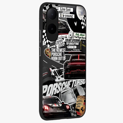 Porsche Racing Collage Glass Case upright view showcasing energetic car collage artwork with high speed racing theme.