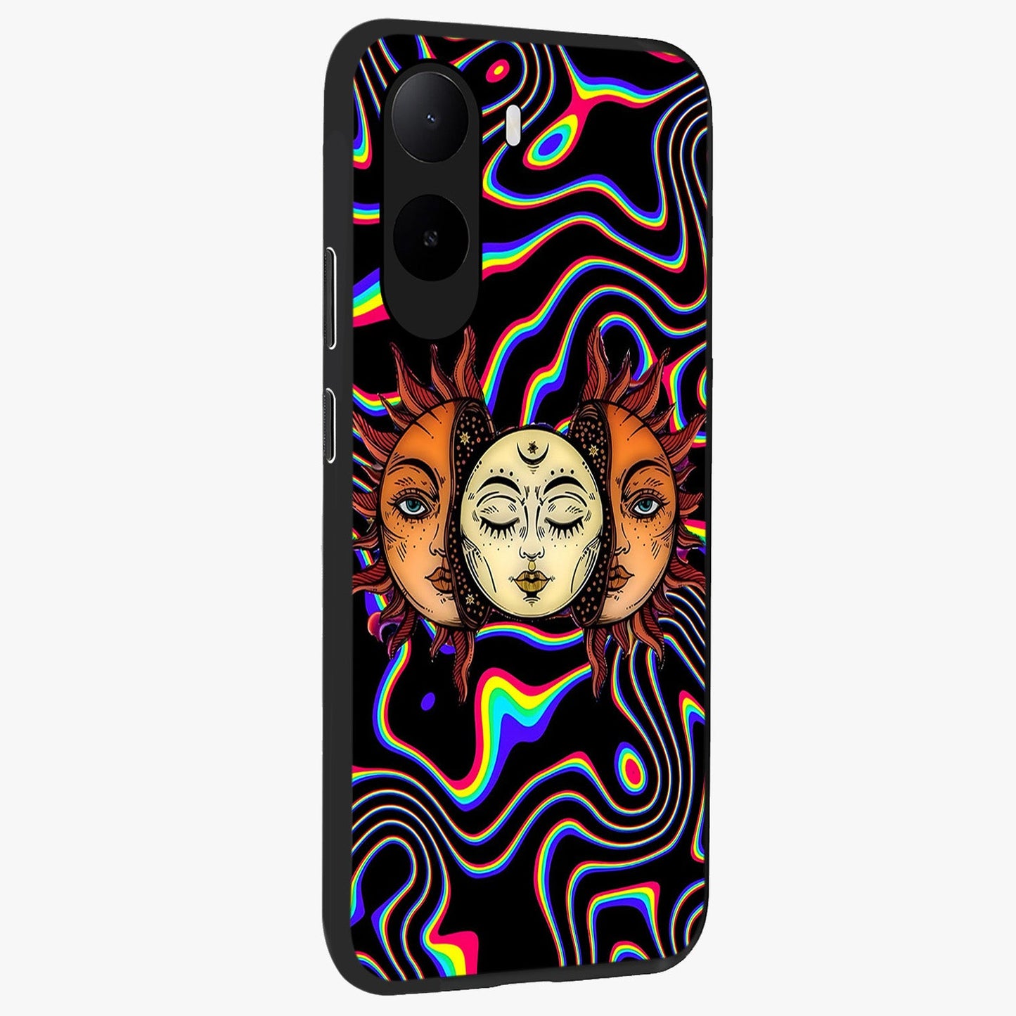 Psychedelic Sun Glass Case upright view showcasing trippy sun artwork with bold psychedelic theme.