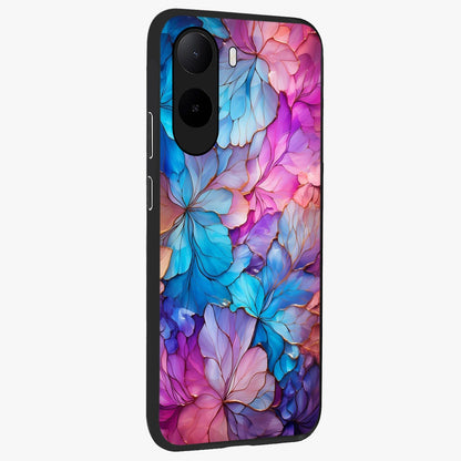Radiant Floral Whirl Glass Case upright view showcasing lively floral artwork with decorative swirl theme.