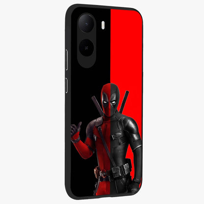 Red & Black Deadpool Theme Glass Case upright view showcasing energetic comic themed artwork with striking red and black design.