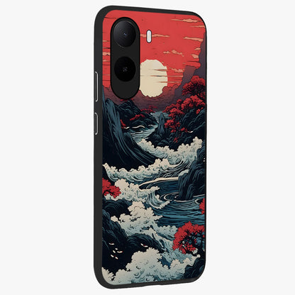 Red Sunset Scenery Glass Case upright view showcasing dramatic sunset scenery artwork with warm nature theme.