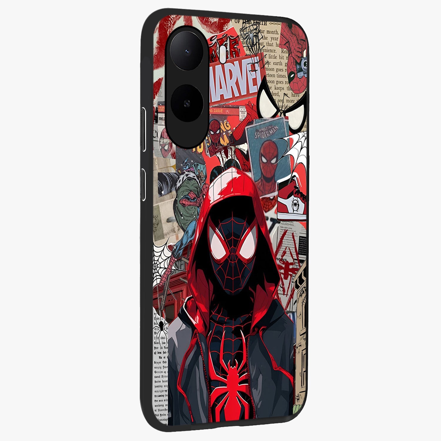 Spider Collage Street Glass Case upright view showcasing bold superhero artwork with urban street theme.