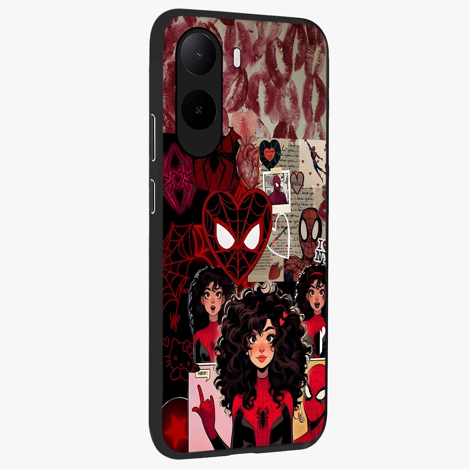 Spider Love Story Glass Case upright view showcasing charming superhero artwork with romantic comic theme.