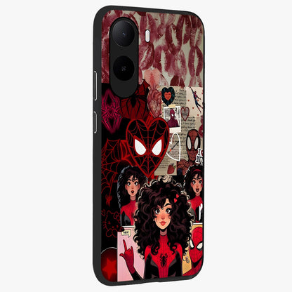 Spider Love Story Glass Case upright view showcasing charming superhero artwork with romantic comic theme.