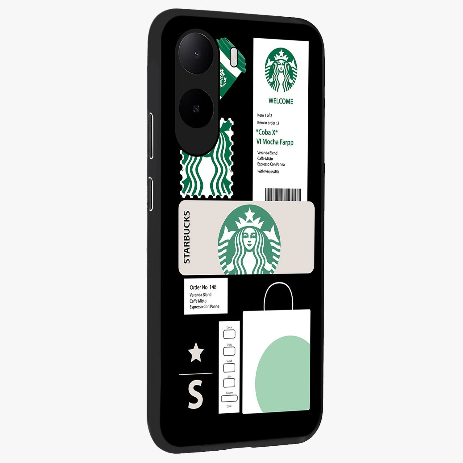 Starbucks Mocha Glass Case upright view showcasing trendy coffee inspired artwork with modern lifestyle theme.