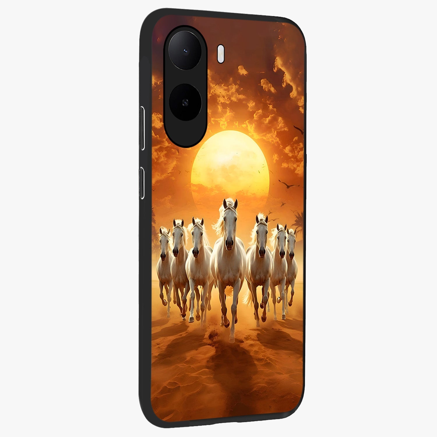Wild Sunset Majesty Glass Case upright view showcasing dramatic sunset artwork with bold nature theme.