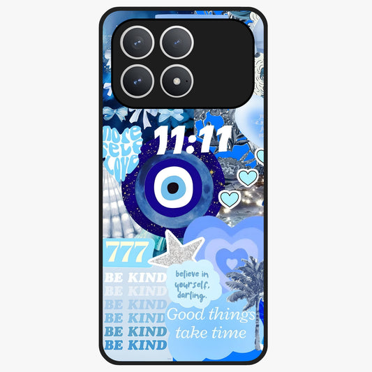 Aesthetic Be Kind Eye Glass Case showing flat back view with motivational eye artwork and glossy glass finish.