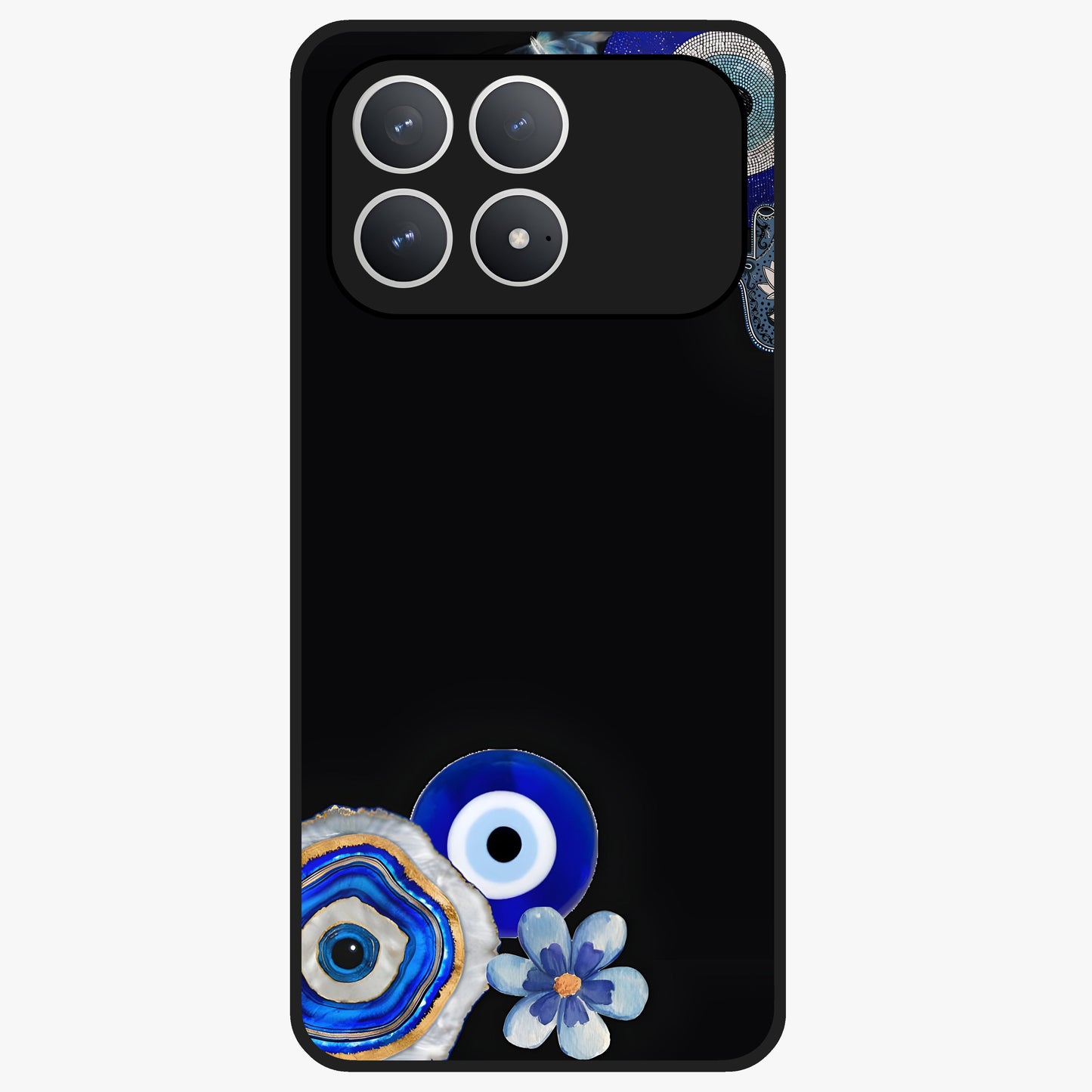 Aesthetic Blue Evil Eye Glass Case showing flat back view with protective evil eye artwork and glossy glass finish.