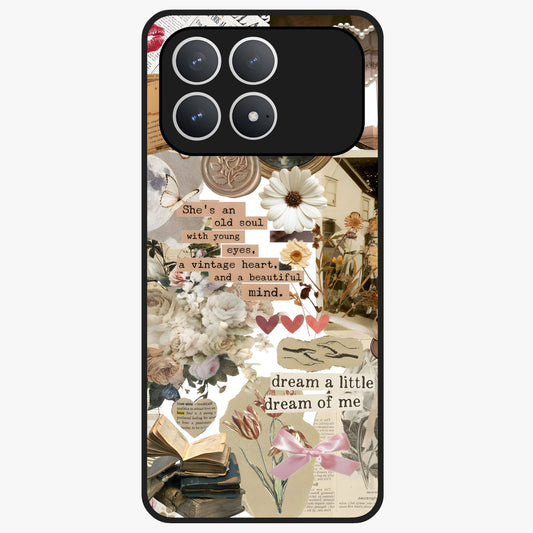 Aesthetic Brown Vintage Collage Glass Case showing flat back view with retro collage artwork and glossy glass finish.