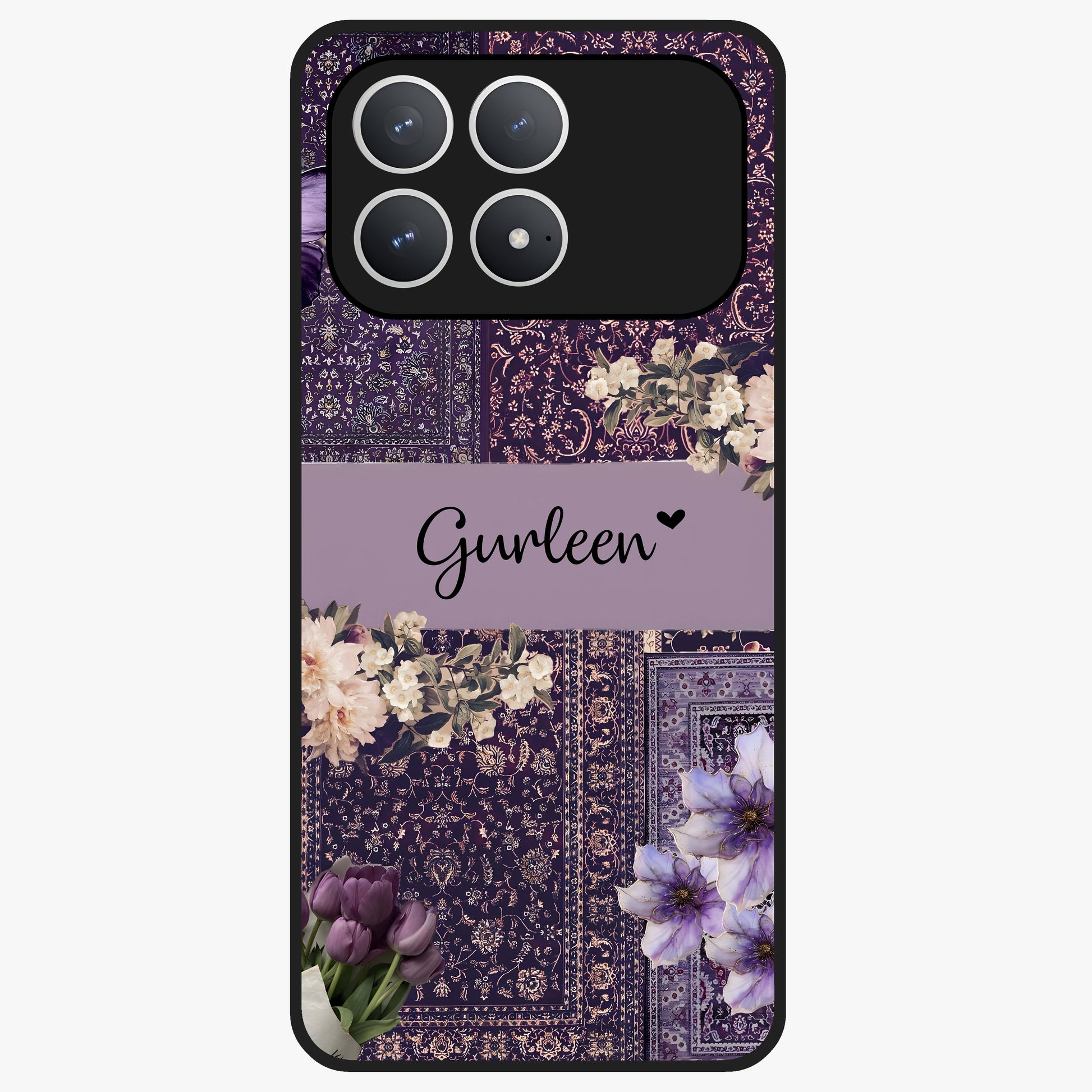 Antique Floral Whisper Custom Name Glass Case showing flat back view with vintage floral artwork and personalized name design.