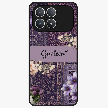Antique Floral Whisper Custom Name Glass Case showing flat back view with vintage floral artwork and personalized name design.