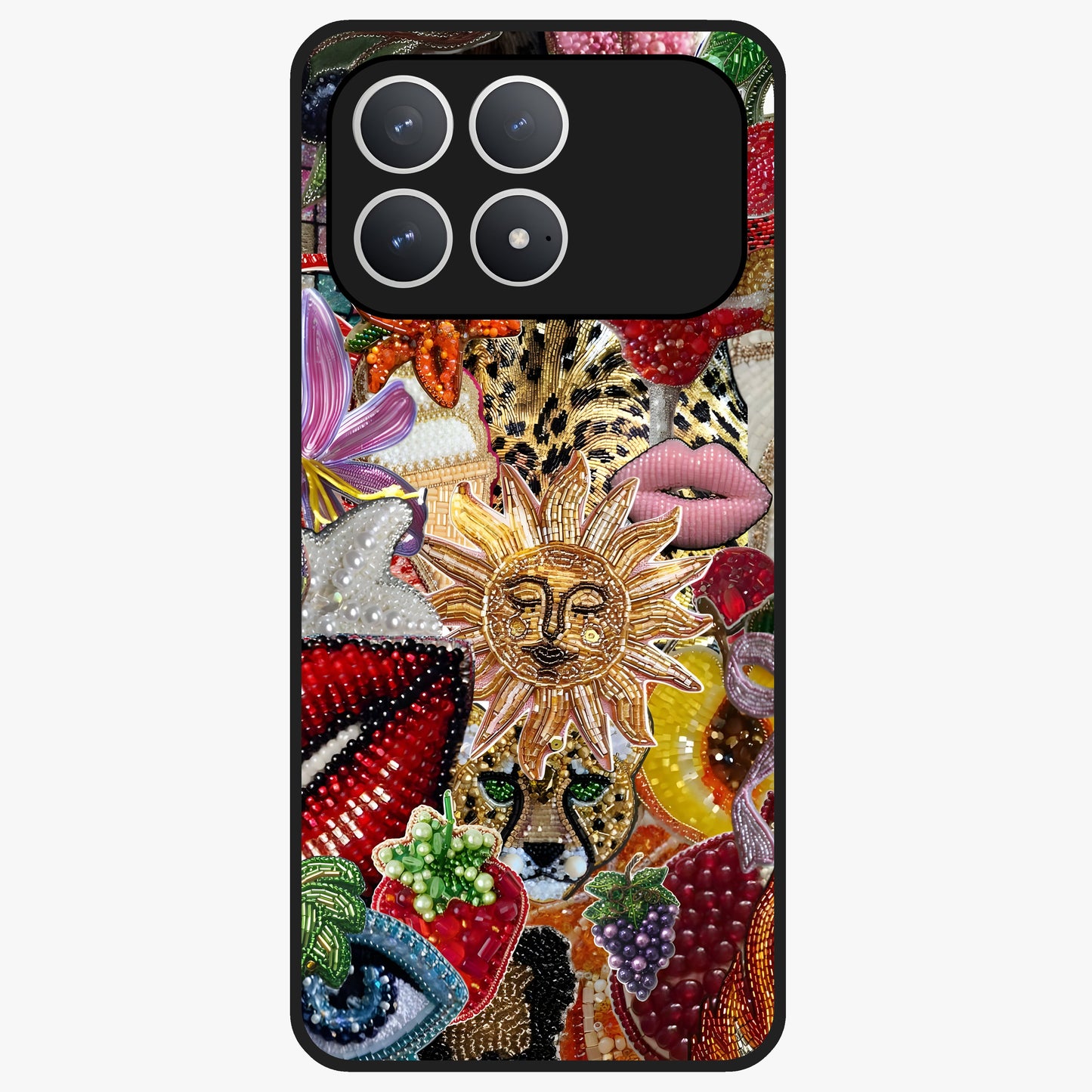 Beaded Fashion Jungle Glass Case showing flat back view with vibrant jungle inspired bead artwork and glossy glass finish.