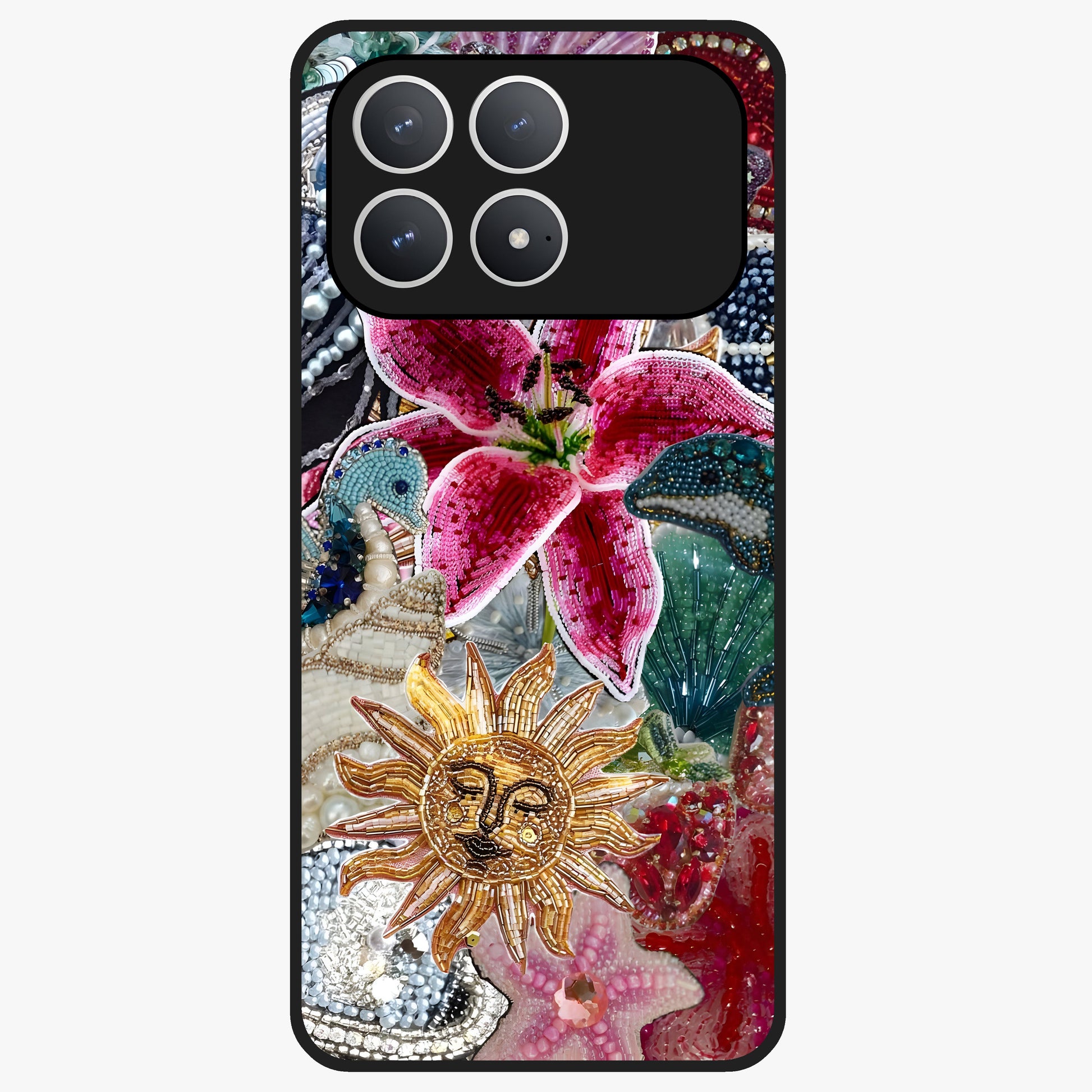 Beaded Garden Fantasy Glass Case showing flat back view with dreamy garden bead artwork and glossy glass finish.