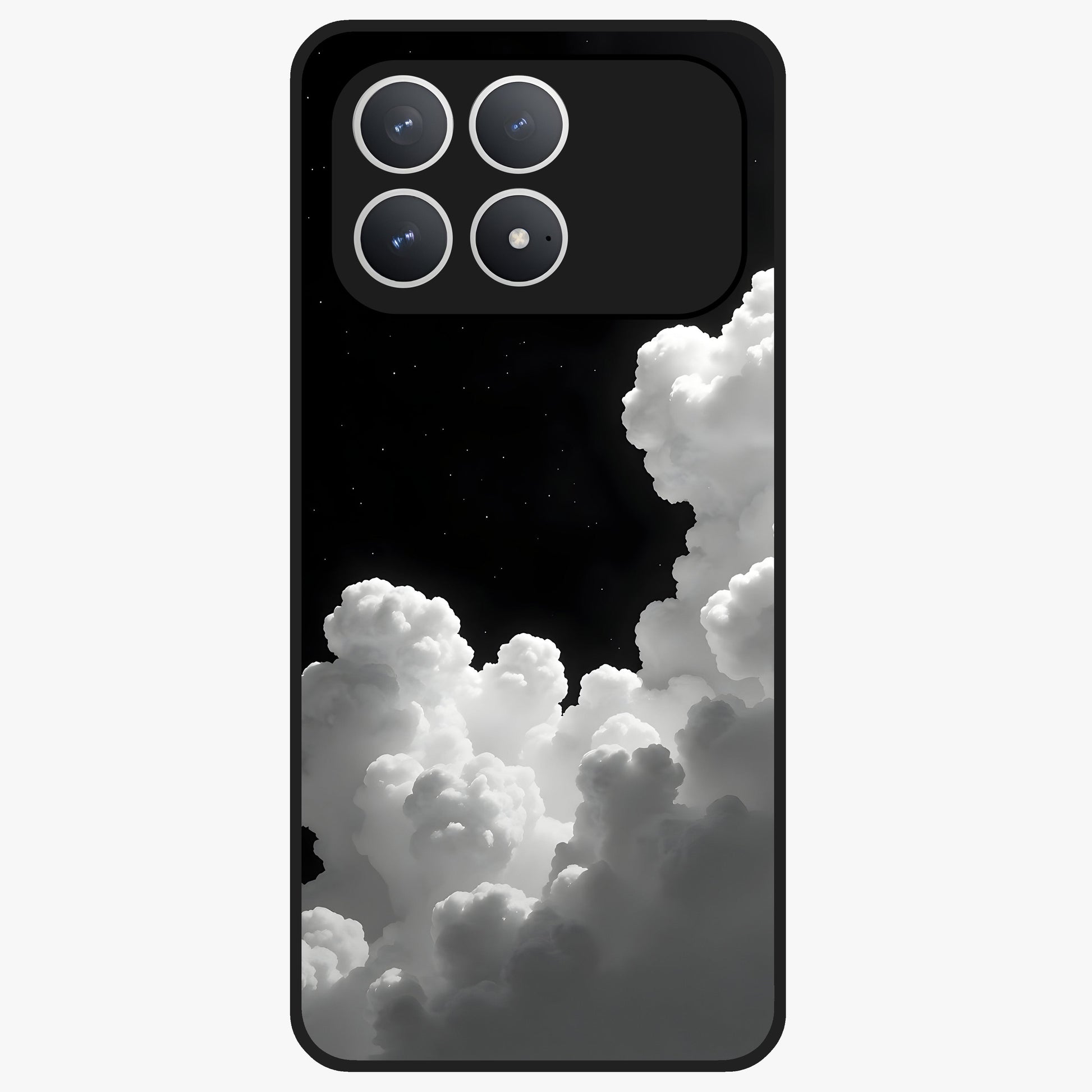 Black Background With White Cloud Glass Case showing flat back view with minimal cloud artwork on dark background and glossy glass finish.