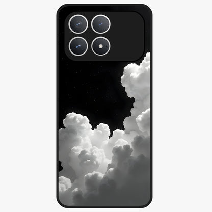Black Background With White Cloud Glass Case showing flat back view with minimal cloud artwork on dark background and glossy glass finish.