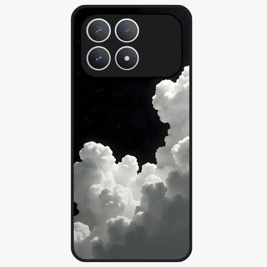 Black Background With White Cloud Glass Case showing flat back view with minimal cloud artwork on dark background and glossy glass finish.