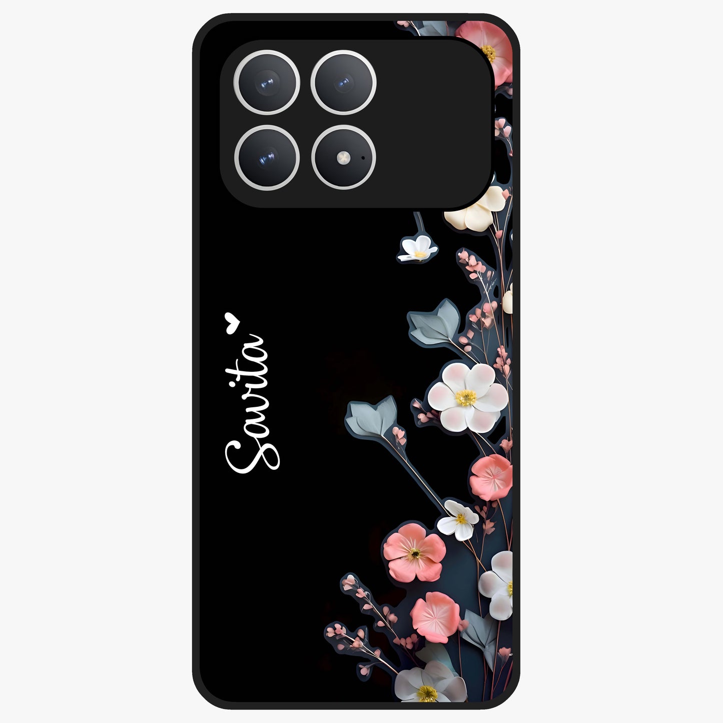 Black Elegance Floral Custom Name Glass Case showing flat back view with elegant floral artwork and personalized name design.