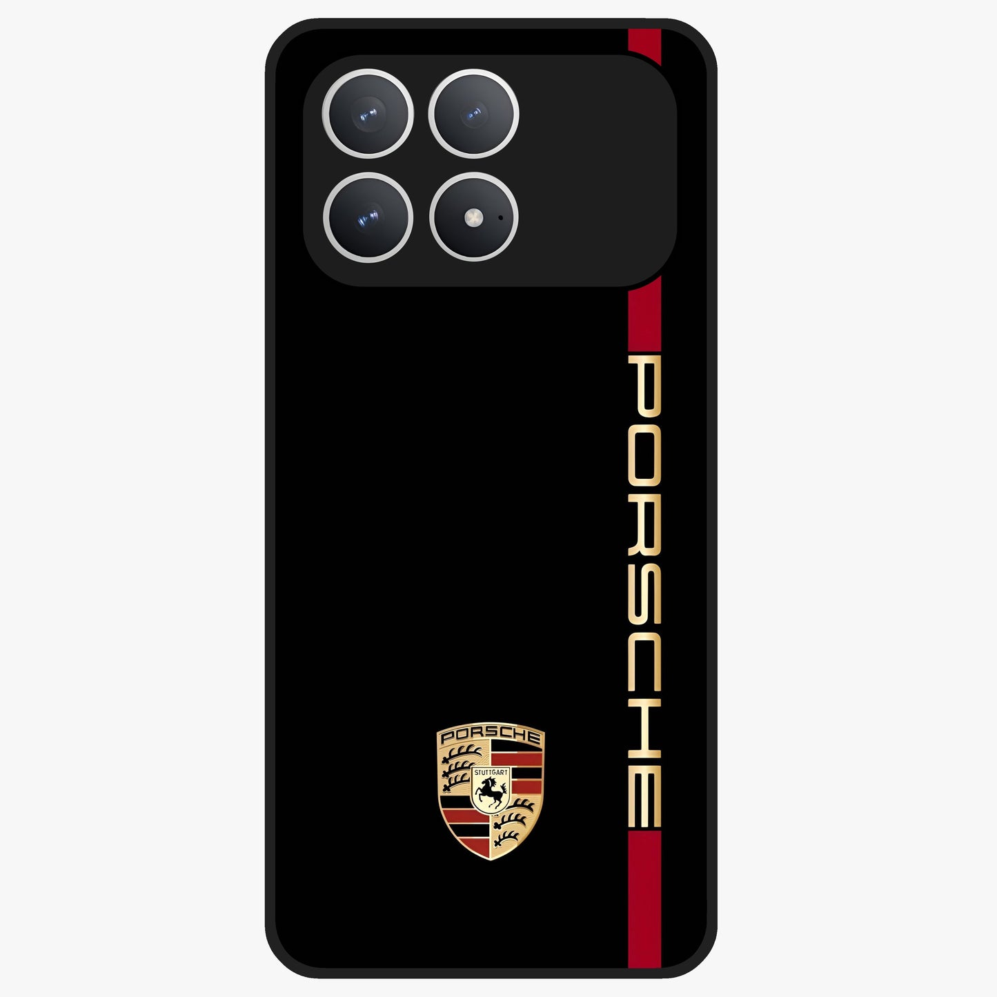 Black Minimal Porsche Glass Case showing flat back view with sleek minimal sports car artwork and glossy glass finish.