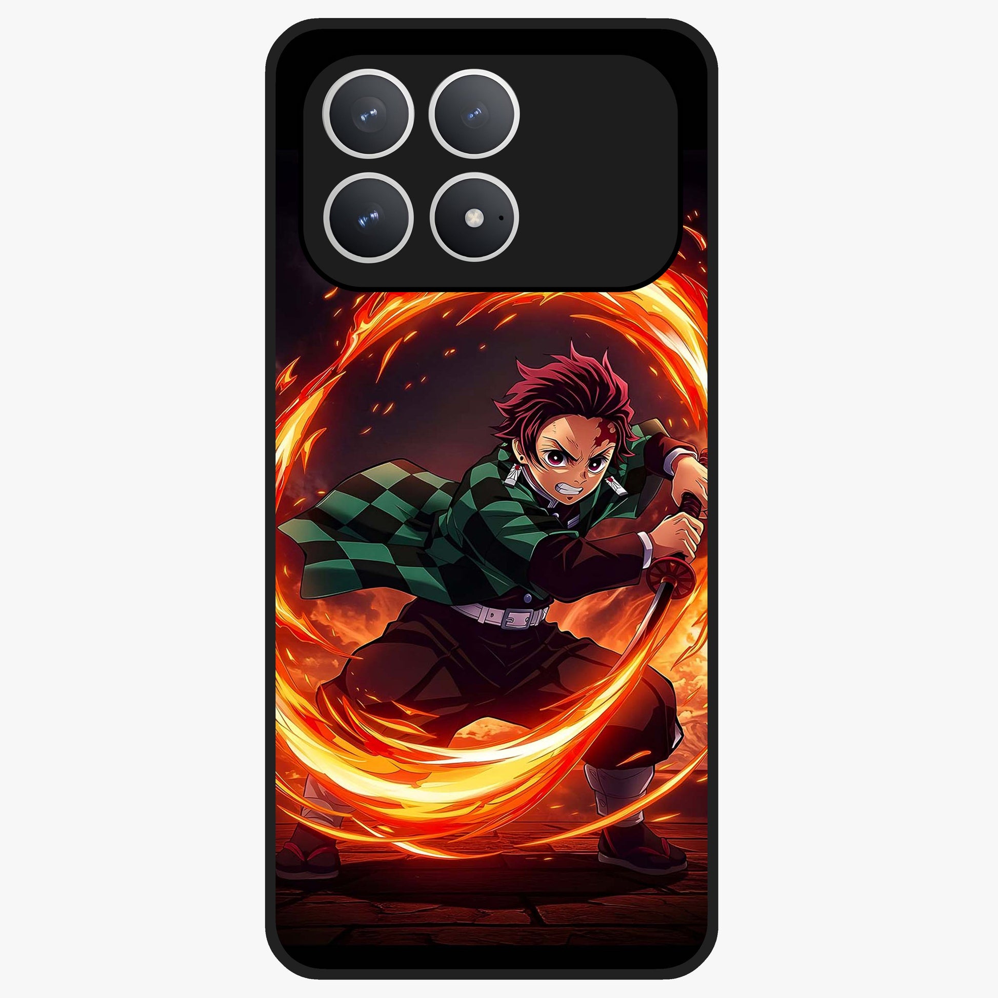 Blazing Sword Resolve Glass Case showing flat back view with fiery sword artwork and glossy glass finish.