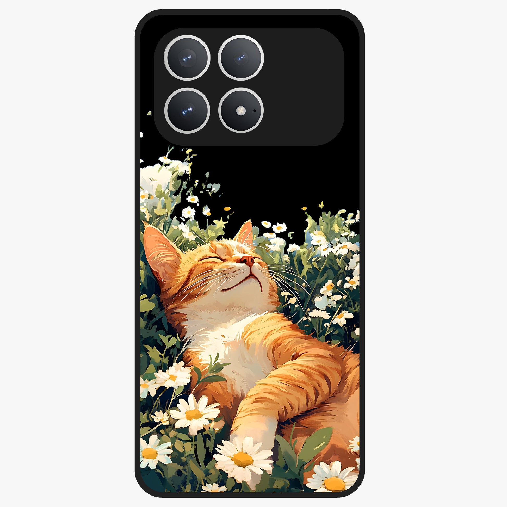 Blissful Bloom Cat Glass Case showing flat back view with cute cat and floral bloom artwork and glossy glass finish.