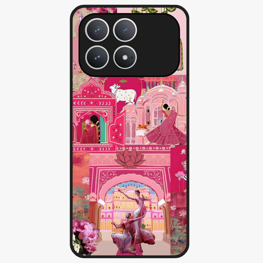 Blossoms of Rajasthan Glass Case showing flat back view with traditional floral artwork inspired by Rajasthan and glossy glass finish.