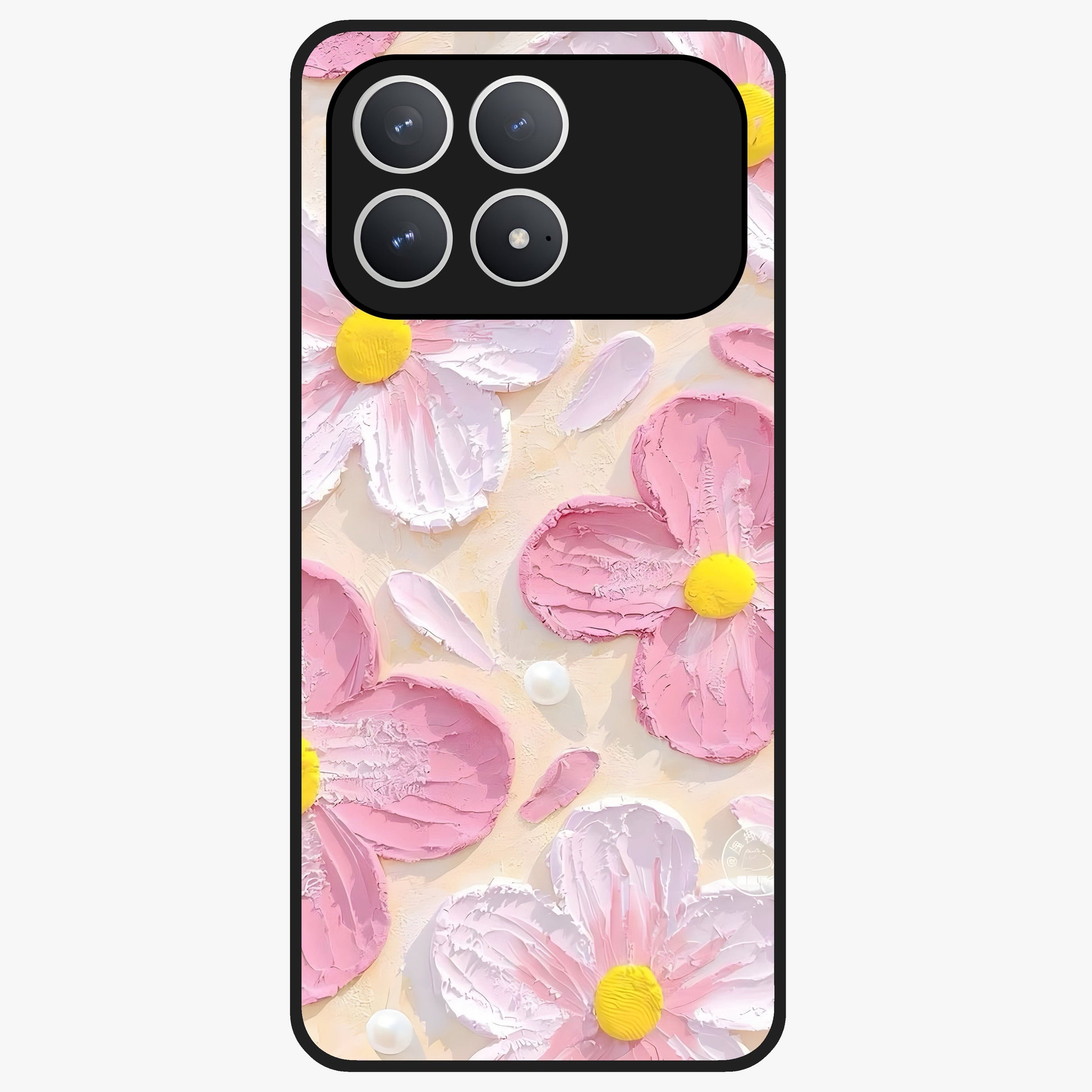 Blush Bloom Texture Glass Case showing flat back view with soft blush floral texture artwork and glossy glass finish.
