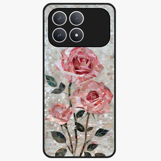 Blush Mosaic Bloom Glass Case showing flat back view with mosaic floral bloom artwork and glossy glass finish.