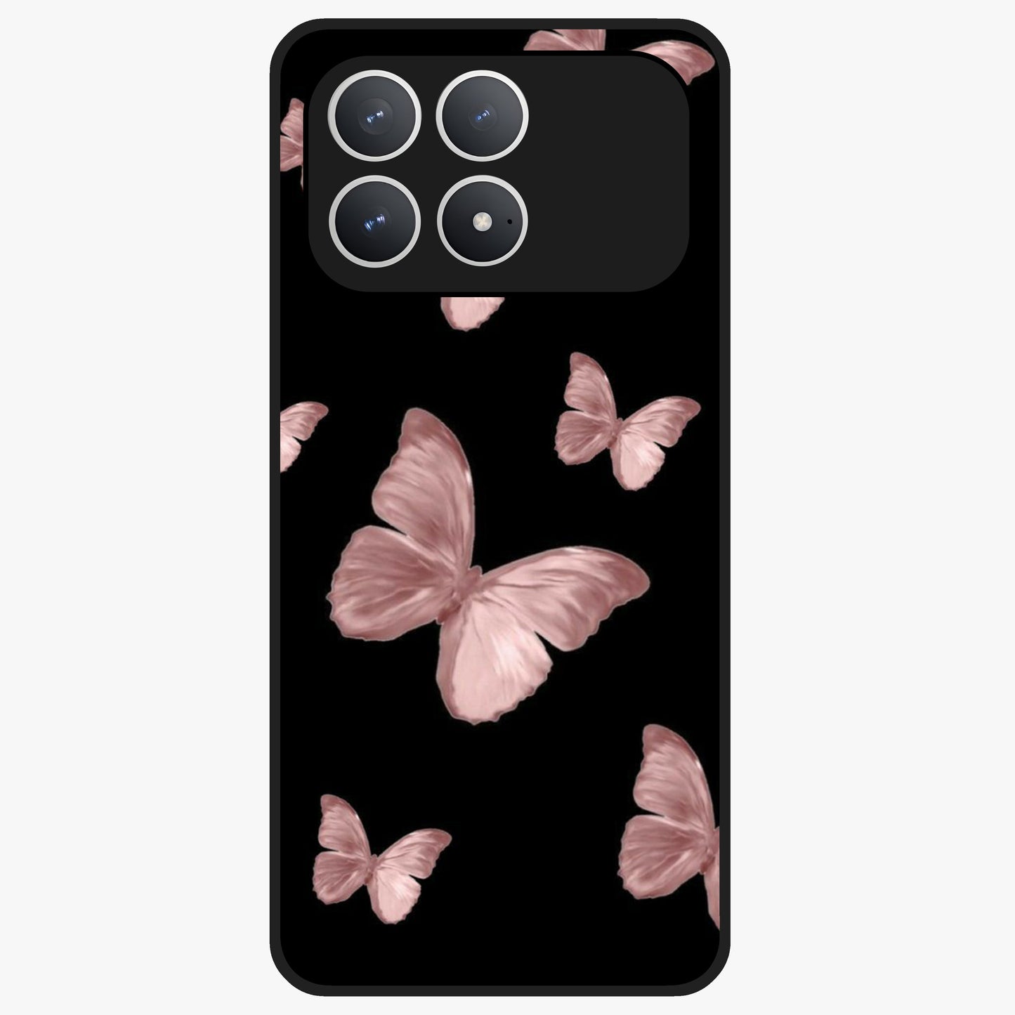 Butterfly Pattern Glass Case showing flat back view with elegant butterfly pattern artwork and glossy glass finish.
