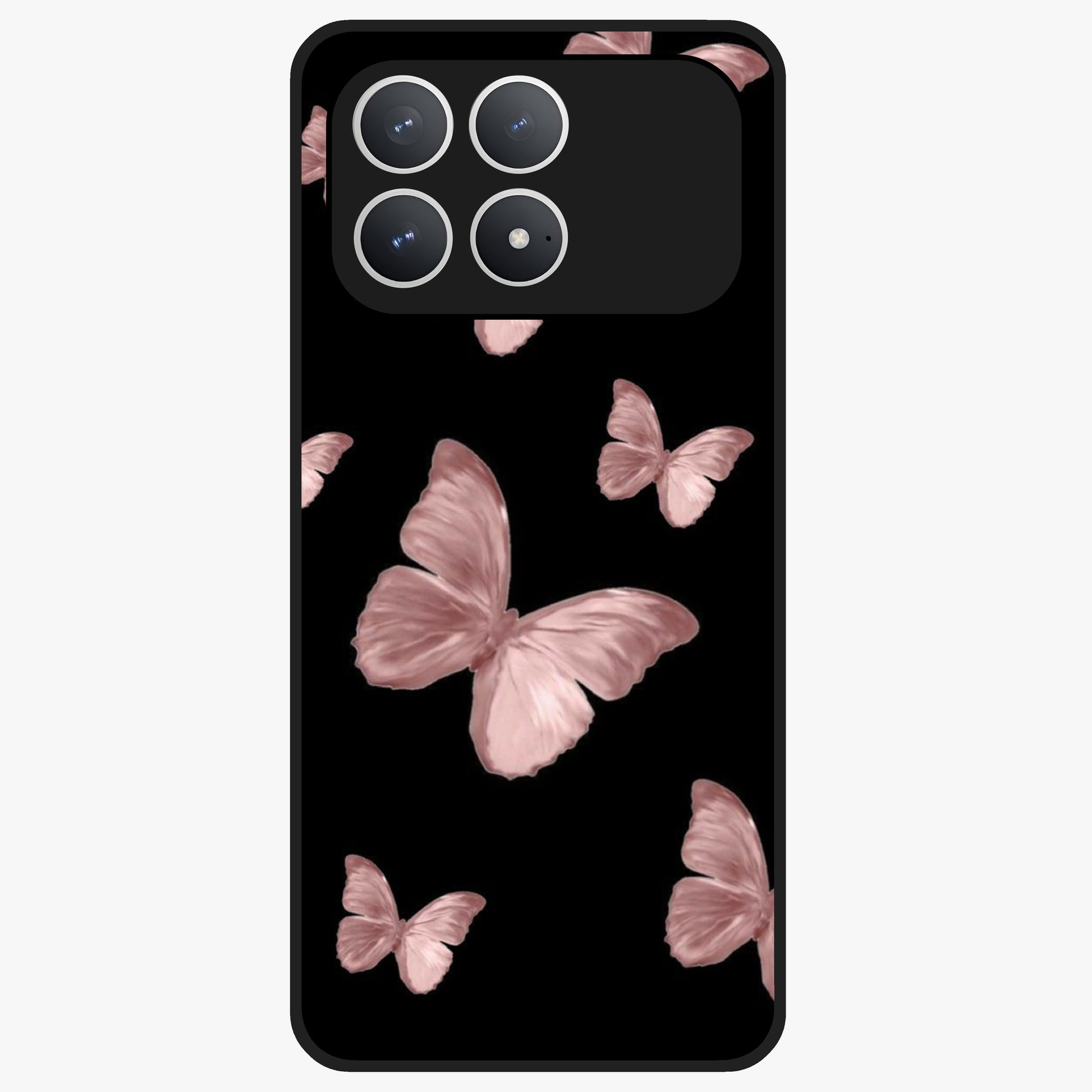 Butterfly Pattern Glass Case showing flat back view with elegant butterfly pattern artwork and glossy glass finish.