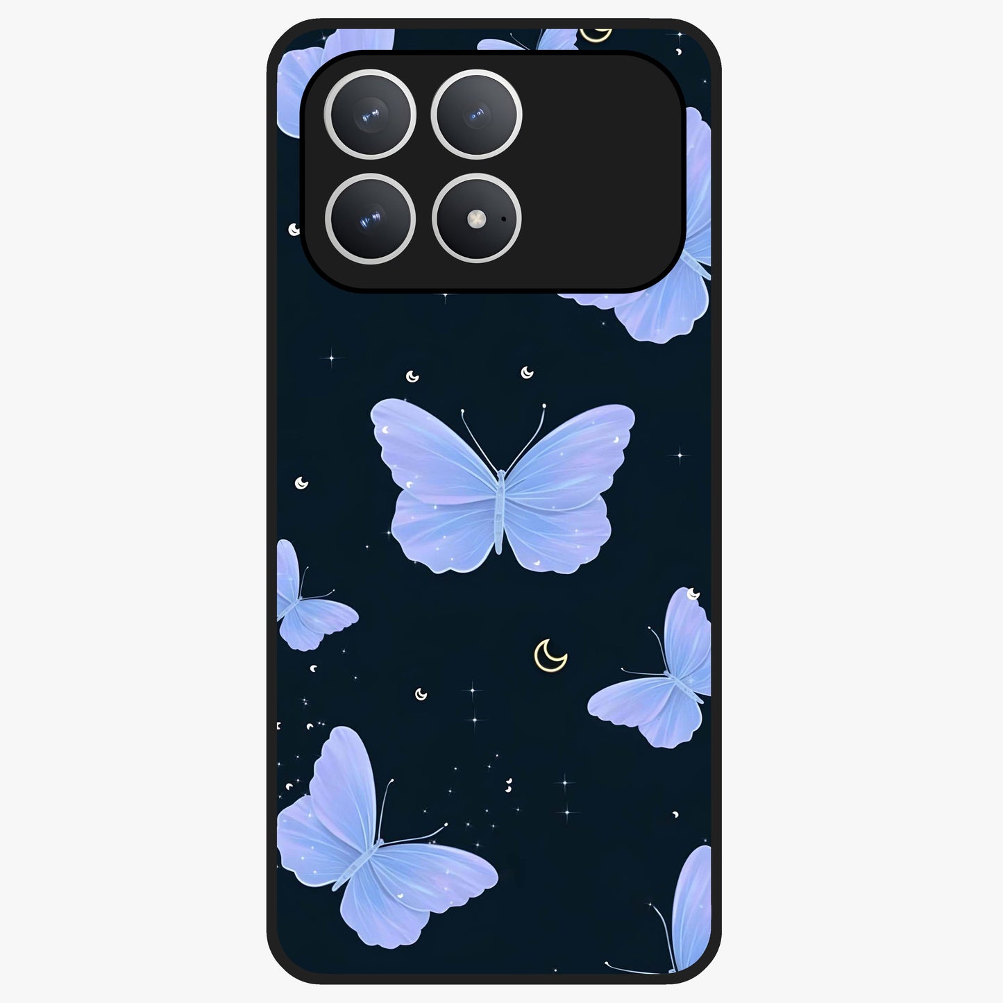 Butterfly With Stars Pattern Glass Case showing flat back view with butterfly and star pattern artwork and glossy glass finish.