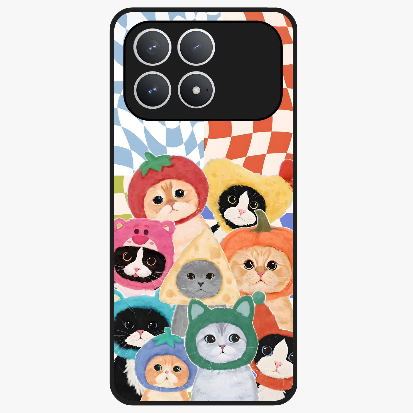 Cats in Fruits Glass Case showing flat back view with playful cat illustrations inside fruit artwork and glossy glass finish.