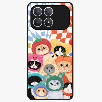Cats in Fruits Glass Case showing flat back view with playful cat illustrations inside fruit artwork and glossy glass finish.