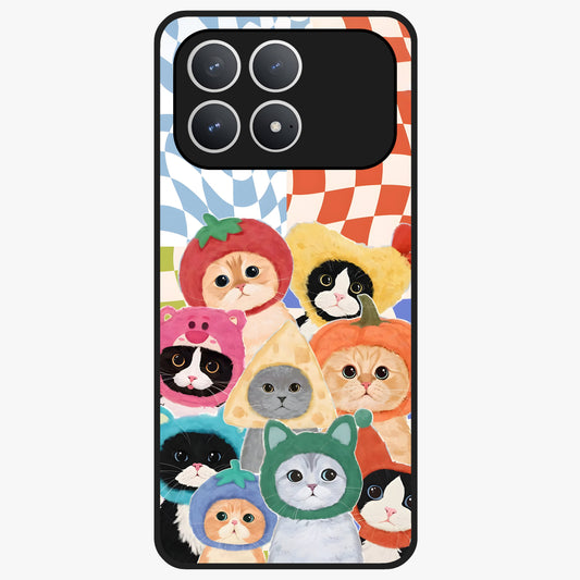 Cats in Fruits Glass Case showing flat back view with playful cat illustrations inside fruit artwork and glossy glass finish.
