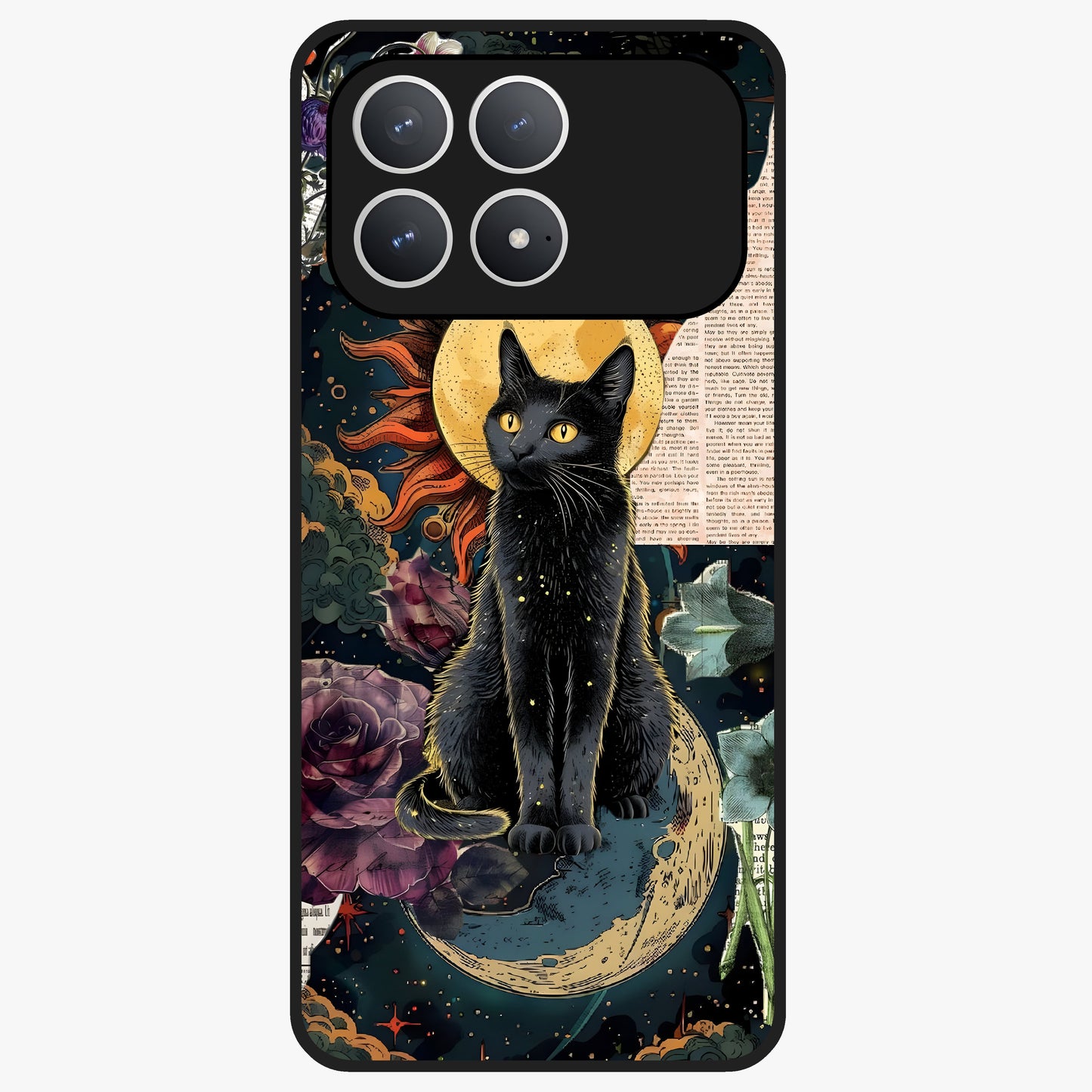 Celestial Black Cat Glass Case showing flat back view with mystical black cat artwork and glossy glass finish.
